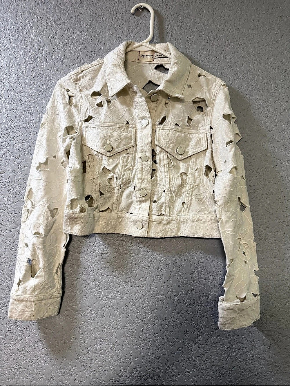 Alice + Olivia Chloe Eyelet Embroidered Denim Jacket Floral Denim Jacket Cream